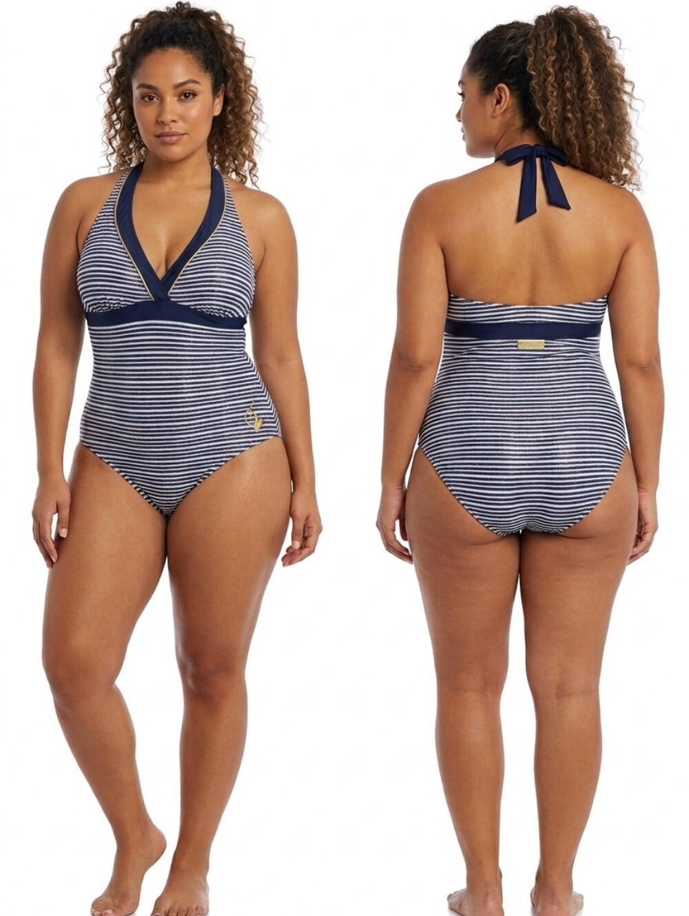 Nwt Baby Phat Nautical Stripe One-Piece Swimsuit Plus Size Blue White Gold